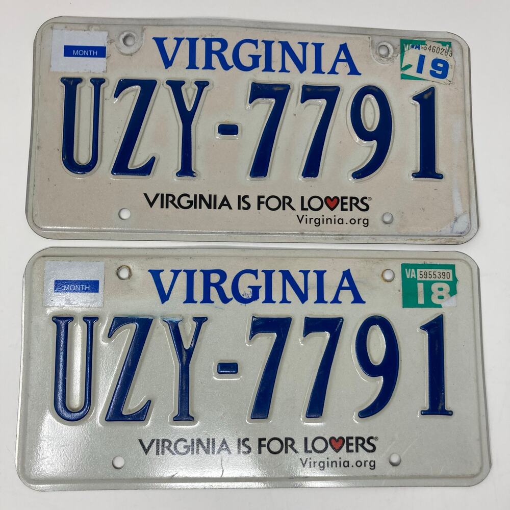 2018-19 Virginia License Plate Pair UZY-7791 ---- VIRGINIA IS FOR LOVERS